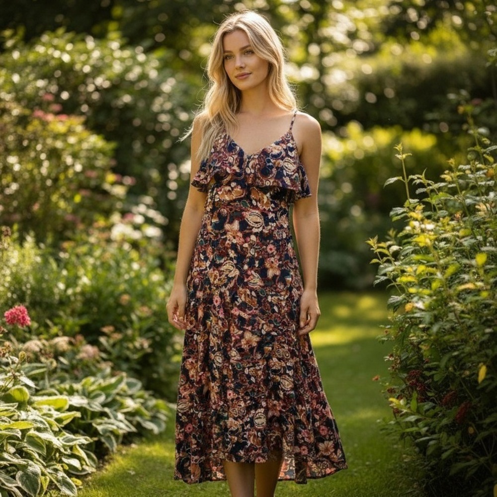NWT A.L.C. Penelope Ruffled Floral Silk-blend‎ Crepe De Chine Midi Dress Size 4